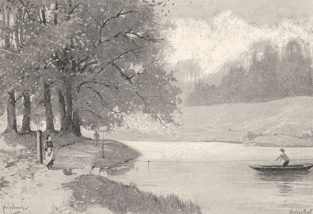 UK. The Boathouse Ferry, between Welsh and English Bridges 1901 old print